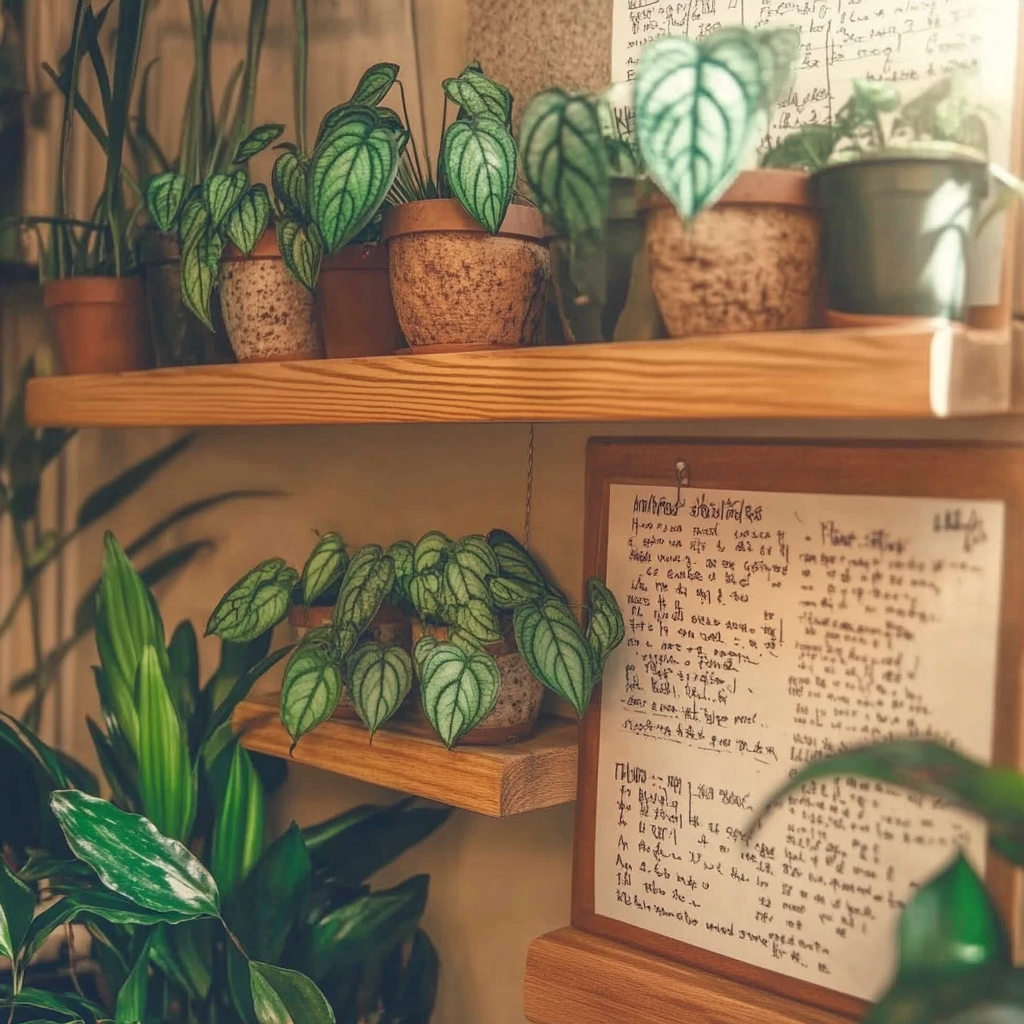 A cozy indoor plant corner with well-loved houseplants like pothos and snake plants on rustic wooden shelves, alongside handwritten plant care notes and simple guides, bathed in warm natural light.