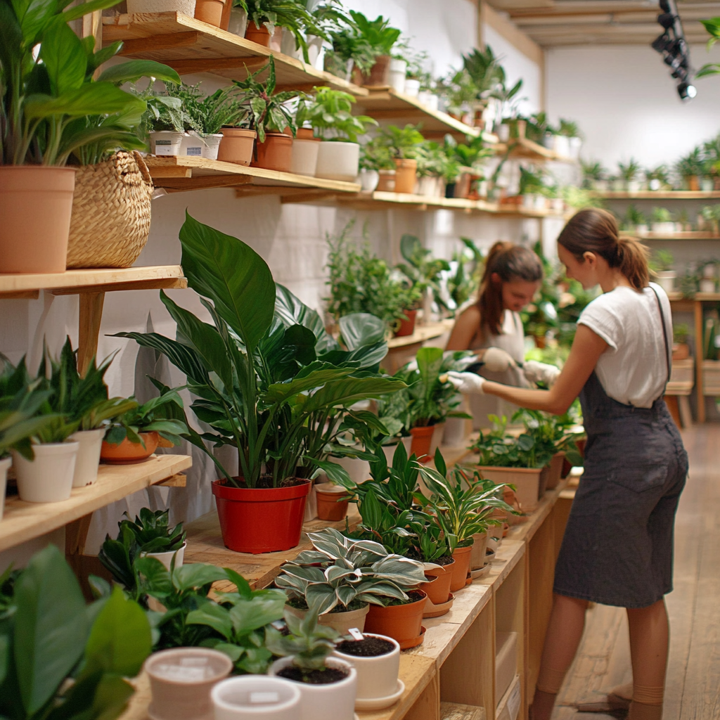 A warm indoor plant studio with a diverse group of people happily caring for lush houseplants like snake plants and peace lilies in a cozy, sunlit room.