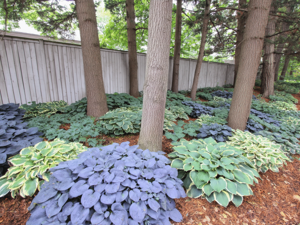 A peaceful shaded garden corner with a variety of hosta plants in different leaf shapes and colors beneath dappled sunlight  