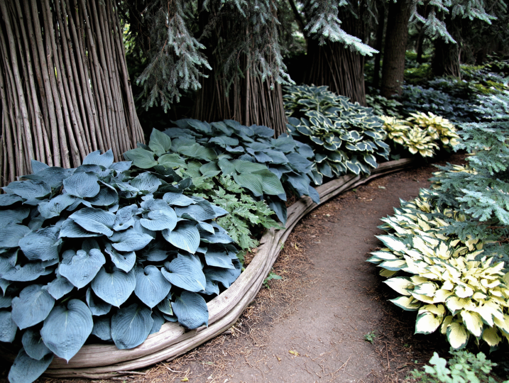 A peaceful shaded garden corner with a variety of hosta plants in different leaf shapes and colors beneath dappled sunlight  