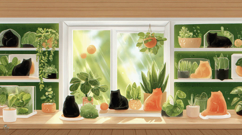 Cat-friendly indoor jungle with safe houseplants and cats exploring