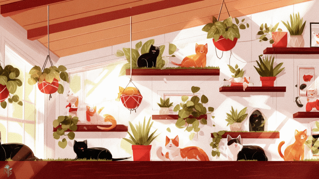 Cat-friendly indoor jungle with safe houseplants and cats exploring