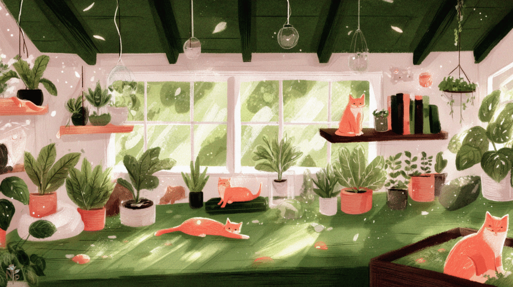 Cat-friendly indoor jungle with safe houseplants and cats exploring