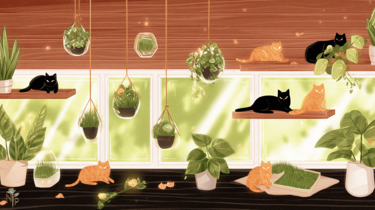 Cat-friendly indoor jungle with safe houseplants and cats exploring
