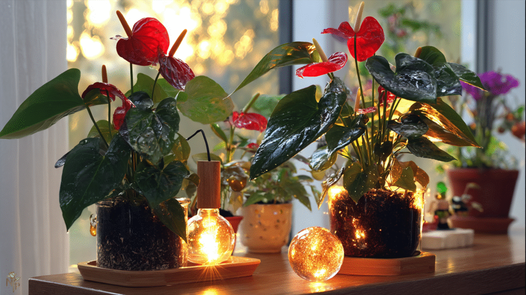 Thriving Anthurium plant with vibrant red spathes and glossy green leaves near an east-facing window, showing proper indoor care for blooming.