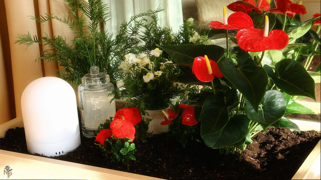 Thriving Anthurium plant with vibrant red spathes and glossy green leaves near an east-facing window, showing proper indoor care for blooming.