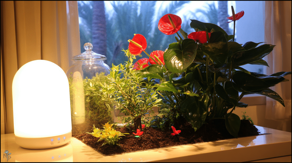 Thriving Anthurium plant with vibrant red spathes and glossy green leaves near an east-facing window, showing proper indoor care for blooming.