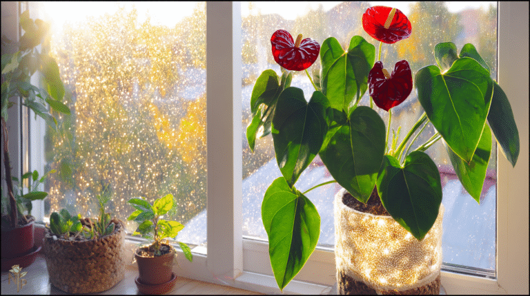 Thriving Anthurium plant with vibrant red spathes and glossy green leaves near an east-facing window, showing proper indoor care for blooming.