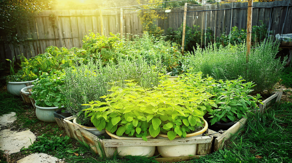 Vibrant herb garden with Mediterranean, leafy, and mint herbs in raised beds and containers under sunlight