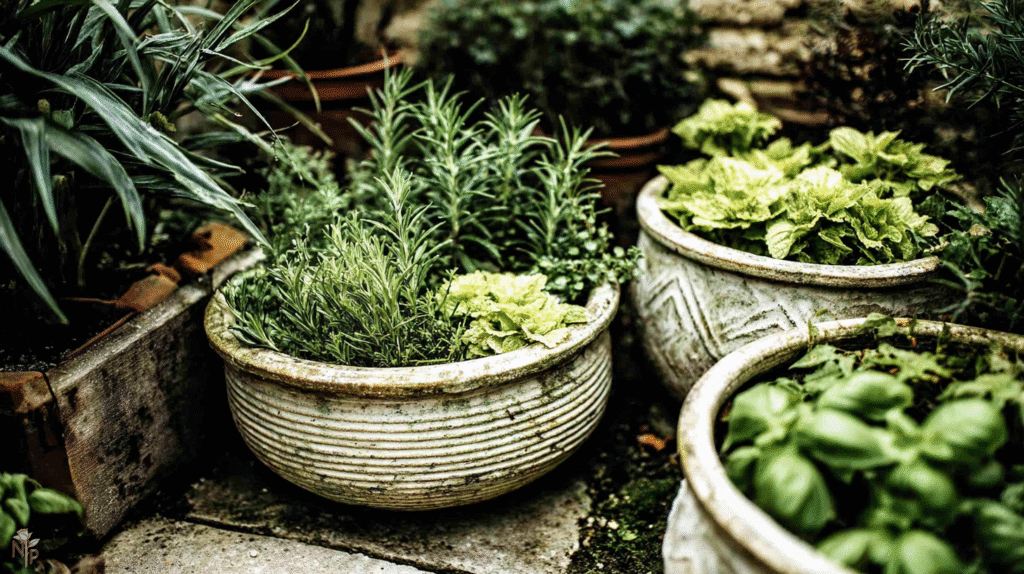 Vibrant herb garden with Mediterranean, leafy, and mint herbs in raised beds and containers under sunlight
