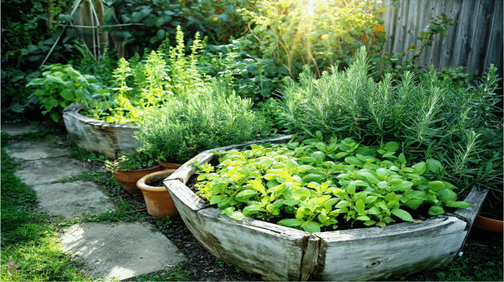 Vibrant herb garden with Mediterranean, leafy, and mint herbs in raised beds and containers under sunlight
