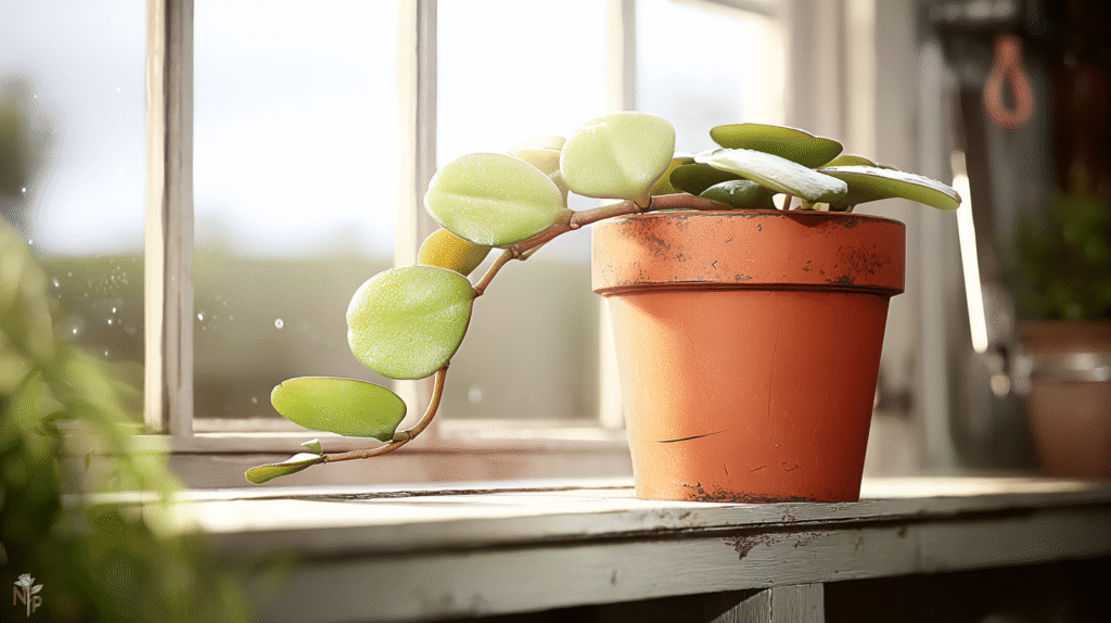 Hoya Kerrii plant with heart-shaped leaves in a terracotta pot on a sunny windowsill
