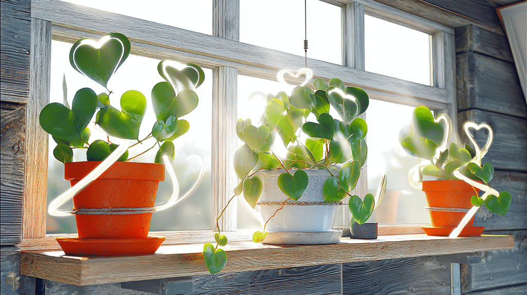 Hoya Kerrii plant with heart-shaped leaves in a terracotta pot on a sunny windowsill
