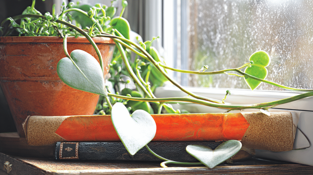 Hoya Kerrii plant with heart-shaped leaves in a terracotta pot on a sunny windowsill
