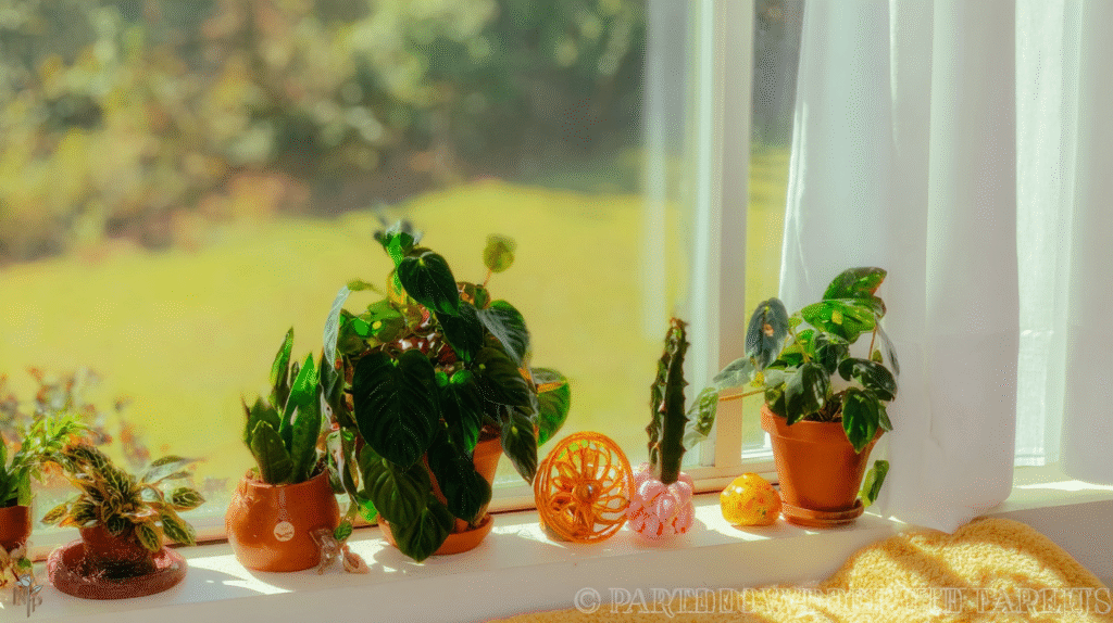 Indoor houseplants thriving under proper sunlight and watering, including succulents, cacti, tropical foliage, and Calathea, in a cozy home setting with natural sunlight and grow lights.