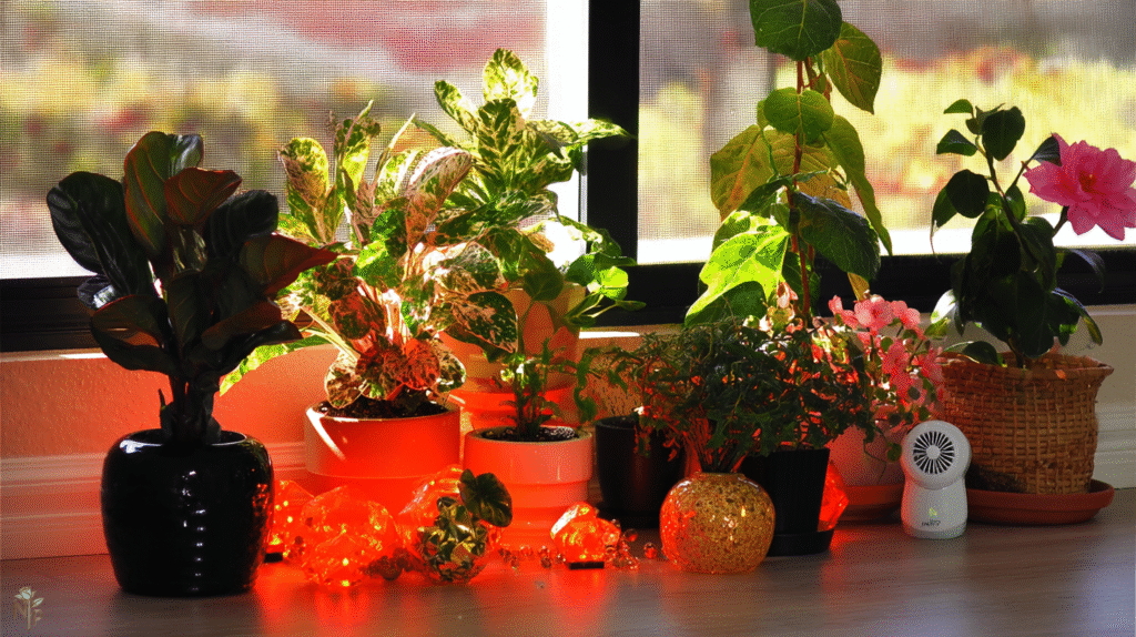 Indoor houseplants thriving under proper sunlight and watering, including succulents, cacti, tropical foliage, and Calathea, in a cozy home setting with natural sunlight and grow lights.