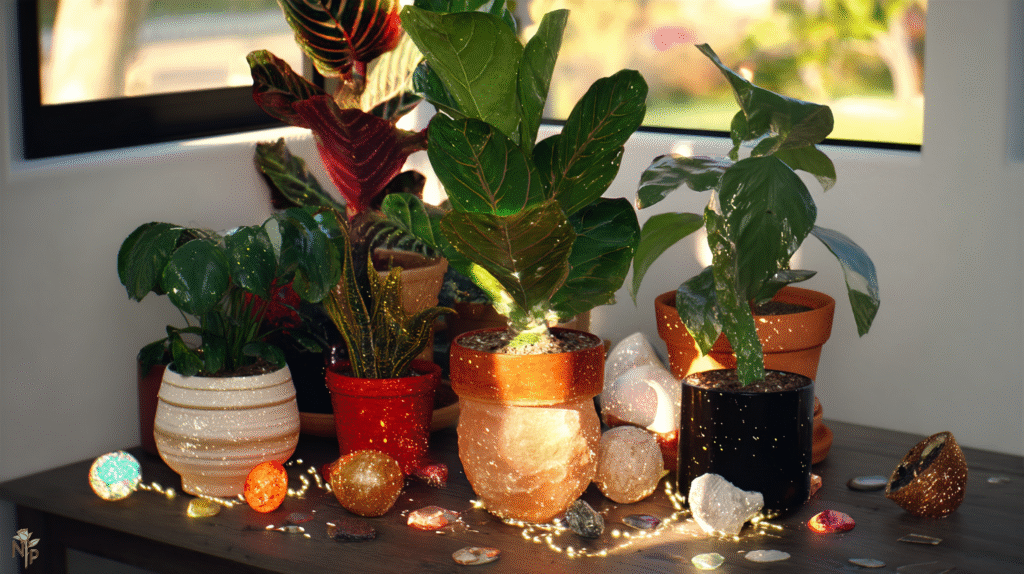 Indoor houseplants thriving under proper sunlight and watering, including succulents, cacti, tropical foliage, and Calathea, in a cozy home setting with natural sunlight and grow lights.