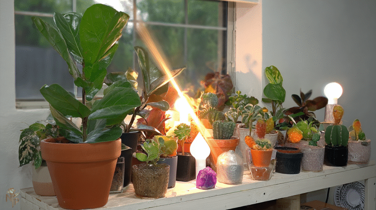 Indoor houseplants thriving under proper sunlight and watering, including succulents, cacti, tropical foliage, and Calathea, in a cozy home setting with natural sunlight and grow lights.