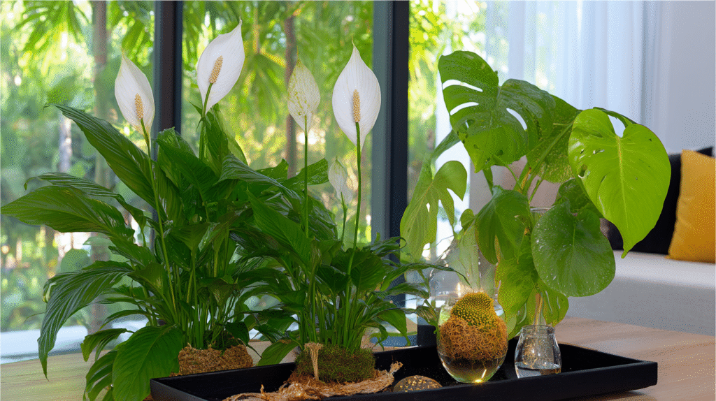 Healthy peace lily in bright indoor space with vibrant leaves and blooms