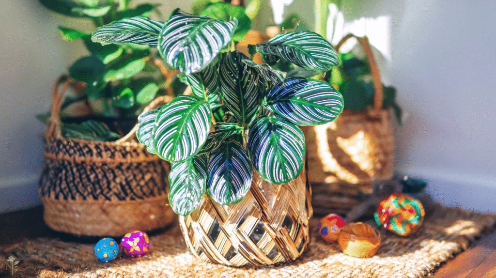 Healthy indoor Calathea plant with vibrant patterned leaves