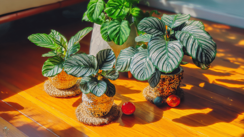Healthy indoor Calathea plant with vibrant patterned leaves