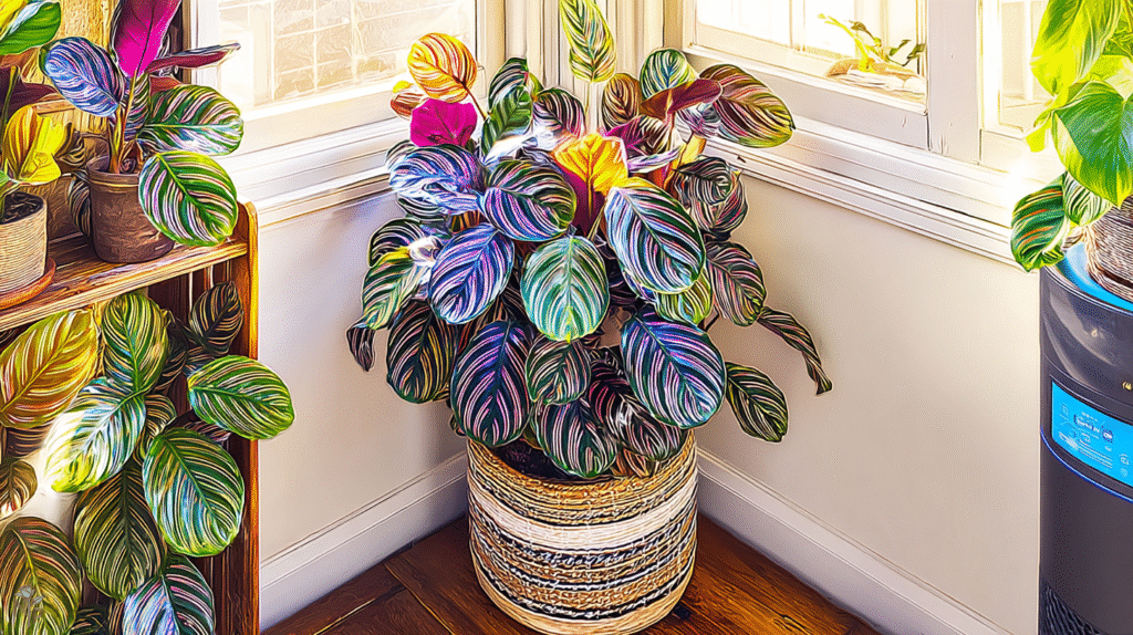 Healthy indoor Calathea plant with vibrant patterned leaves