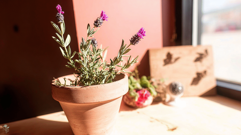 French lavender plant on a south-facing windowsill indoors, thriving with silvery-green foliage and purple flower spikes, warm sunlight, cozy home setting.