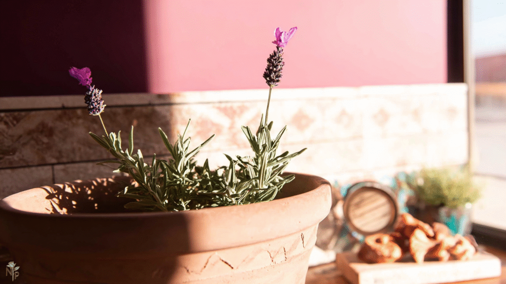 French lavender plant on a south-facing windowsill indoors, thriving with silvery-green foliage and purple flower spikes, warm sunlight, cozy home setting.