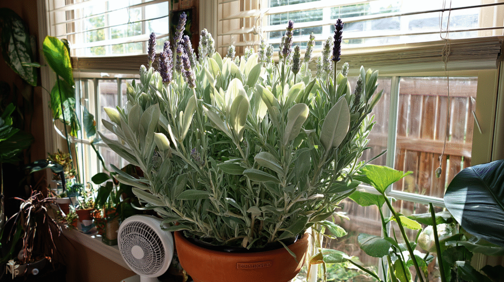 French lavender plant on a south-facing windowsill indoors, thriving with silvery-green foliage and purple flower spikes, warm sunlight, cozy home setting.