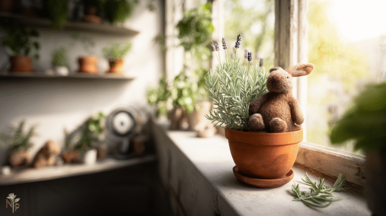 French lavender plant on a south-facing windowsill indoors, thriving with silvery-green foliage and purple flower spikes, warm sunlight, cozy home setting.