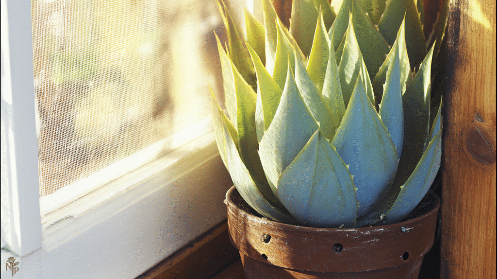 Healthy aloe vera plant with plump blue-green leaves in a terra cotta pot by a sunny window
