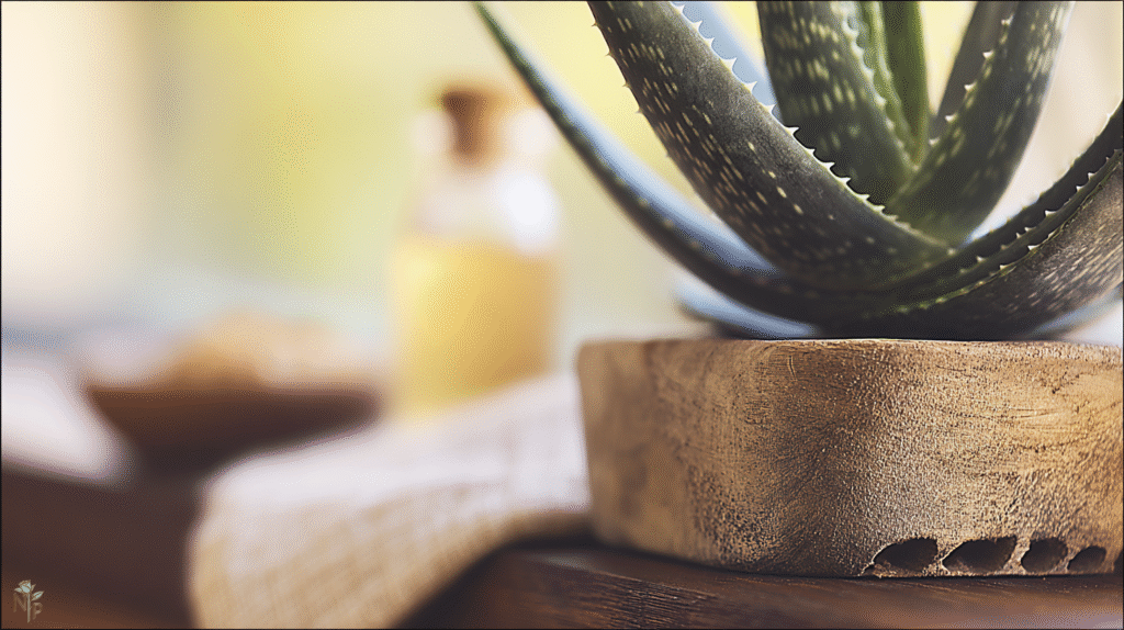 Healthy aloe vera plant with plump blue-green leaves in a terra cotta pot by a sunny window
