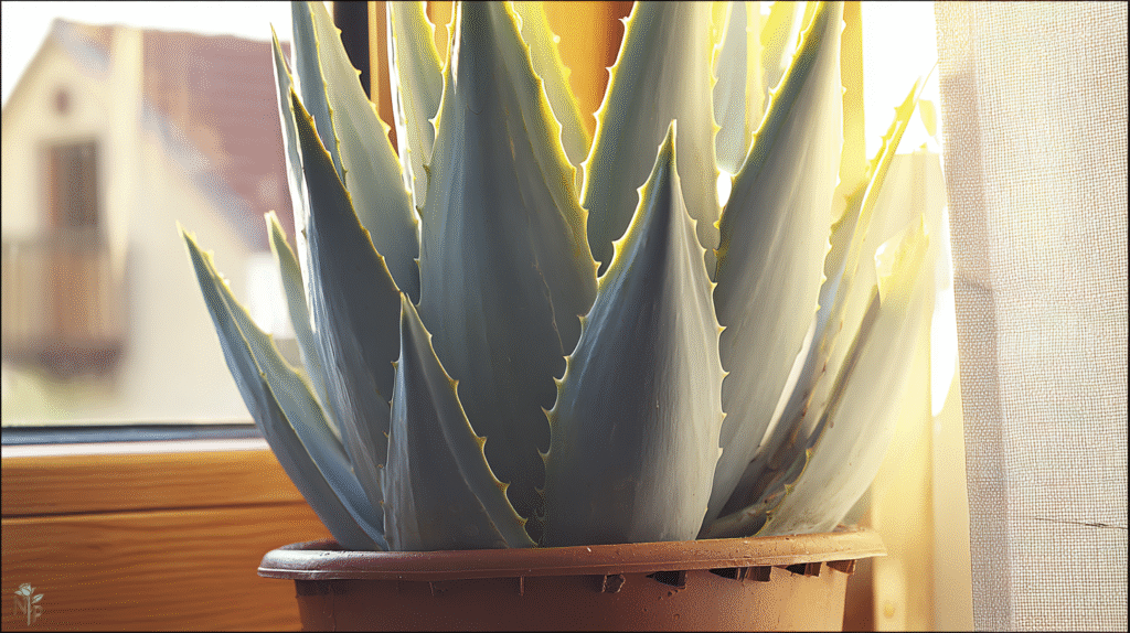 Healthy aloe vera plant with plump blue-green leaves in a terra cotta pot by a sunny window
