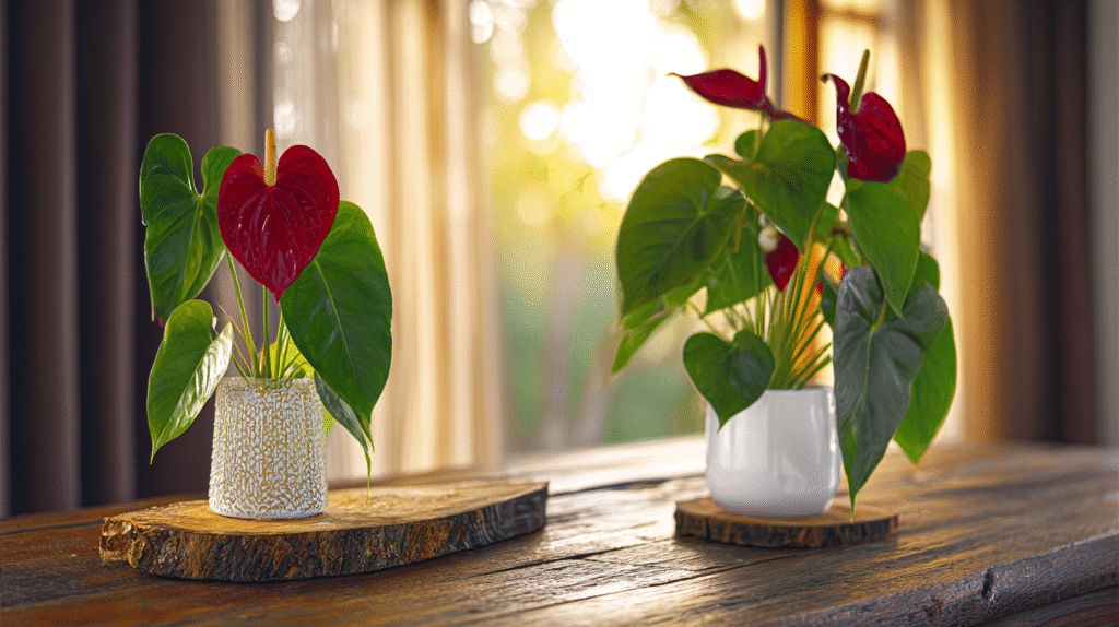  Red anthurium plant in white ceramic pot near sunlight