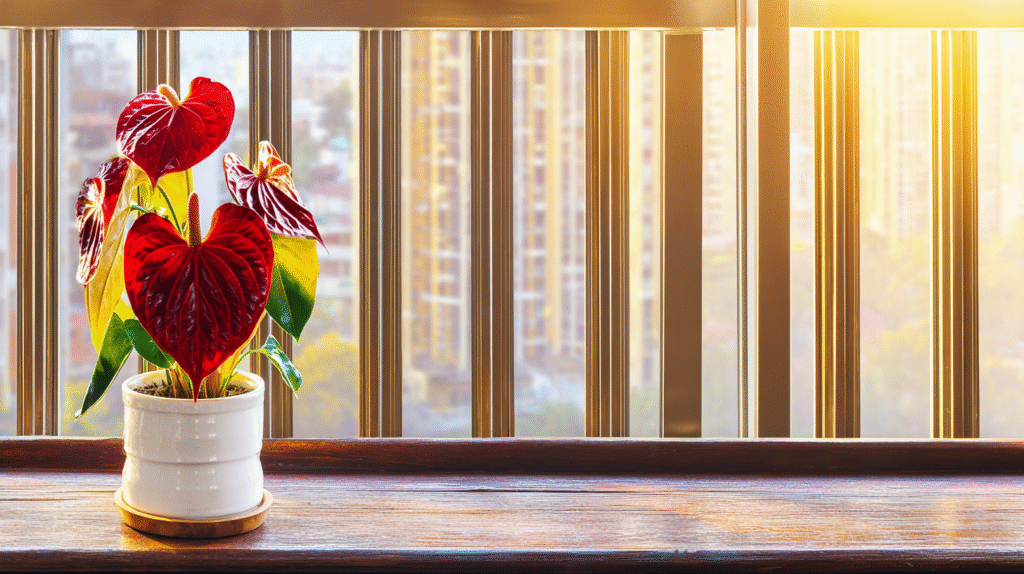  Red anthurium plant in white ceramic pot near sunlight