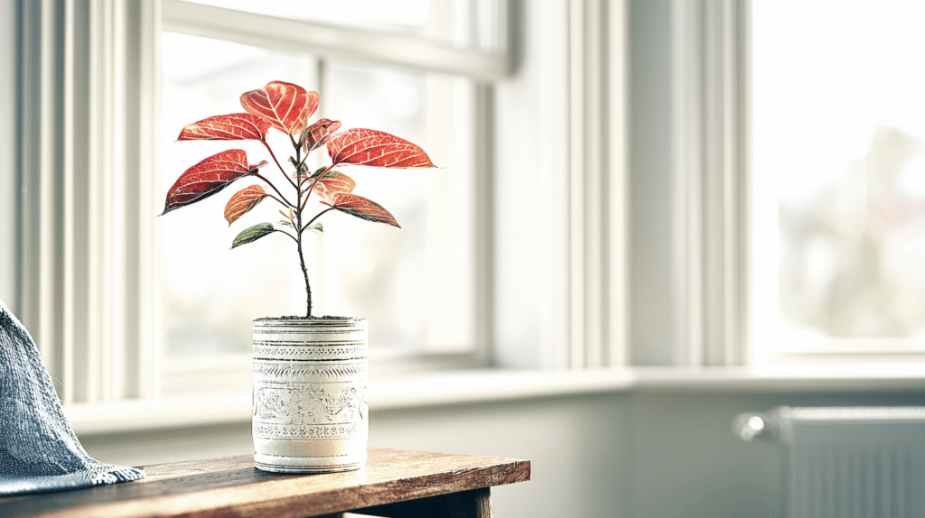  Red anthurium plant in white ceramic pot near sunlight