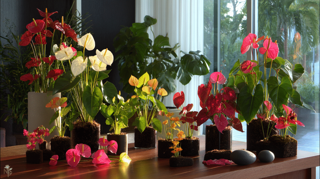 Colorful anthurium plants with heart-shaped leaves displayed indoors by a sunny window
