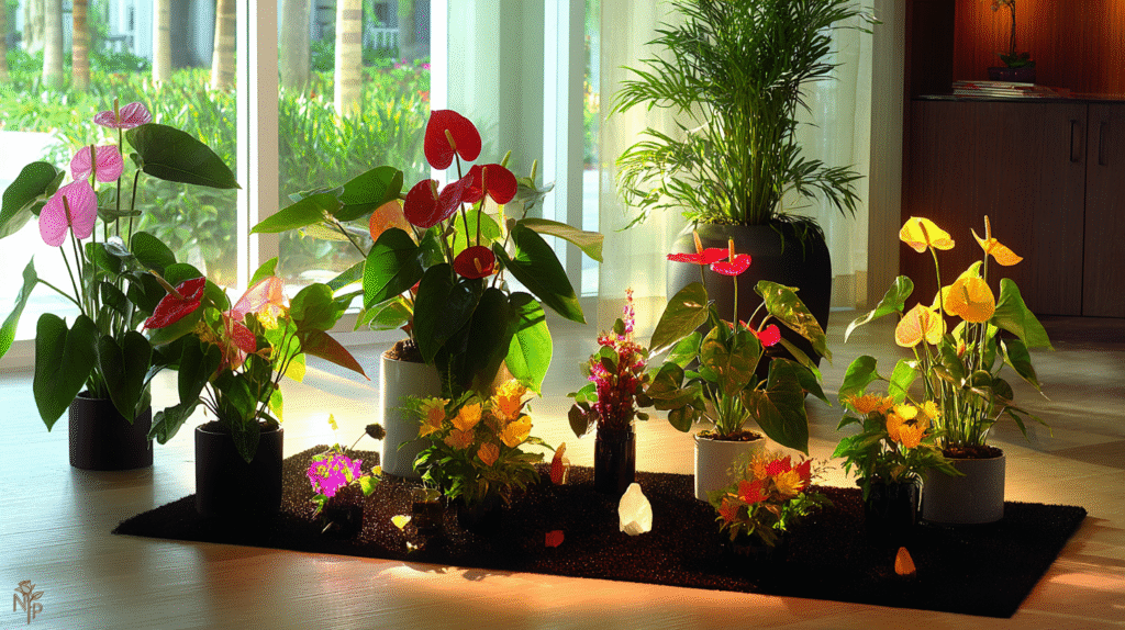 Colorful anthurium plants with heart-shaped leaves displayed indoors by a sunny window
