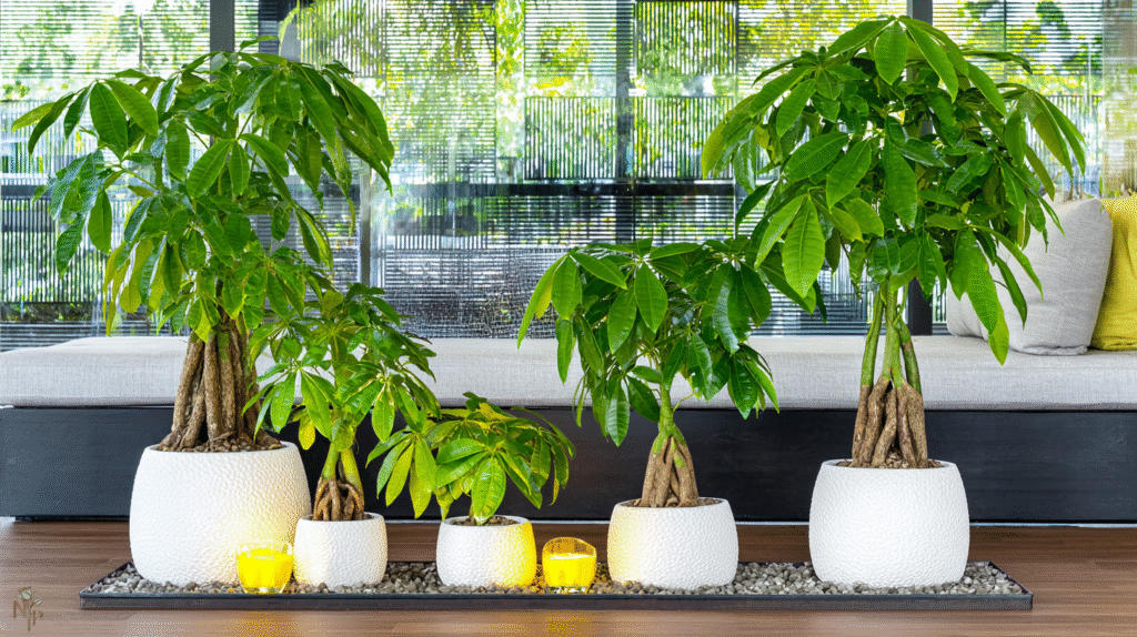 
Authentic Pachira aquatica money tree with braided trunk and vibrant green leaves in a modern ceramic pot indoors
