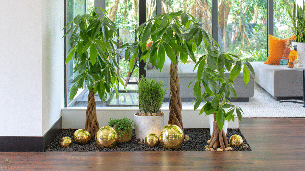 
Authentic Pachira aquatica money tree with braided trunk and vibrant green leaves in a modern ceramic pot indoors
