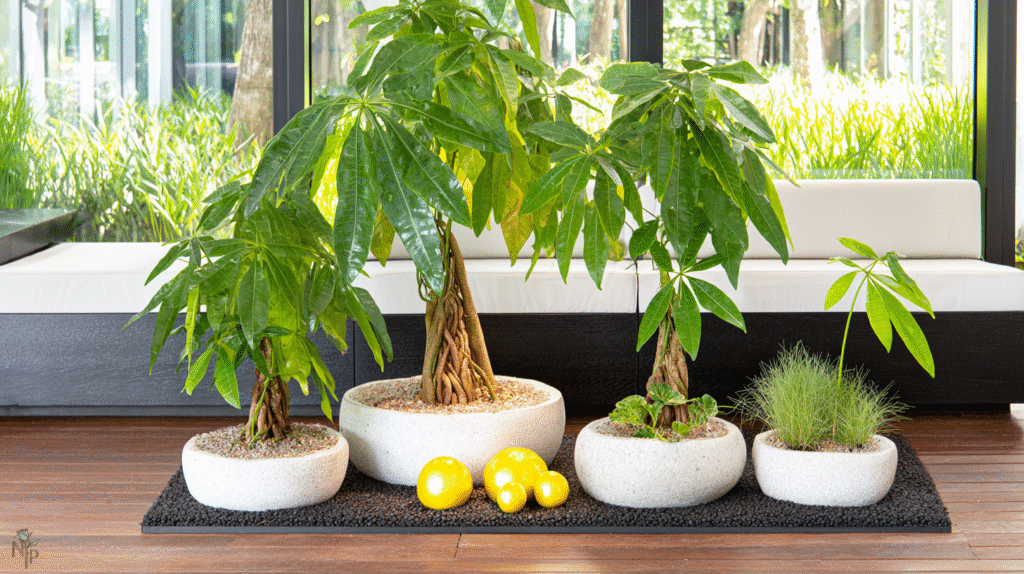 
Authentic Pachira aquatica money tree with braided trunk and vibrant green leaves in a modern ceramic pot indoors
