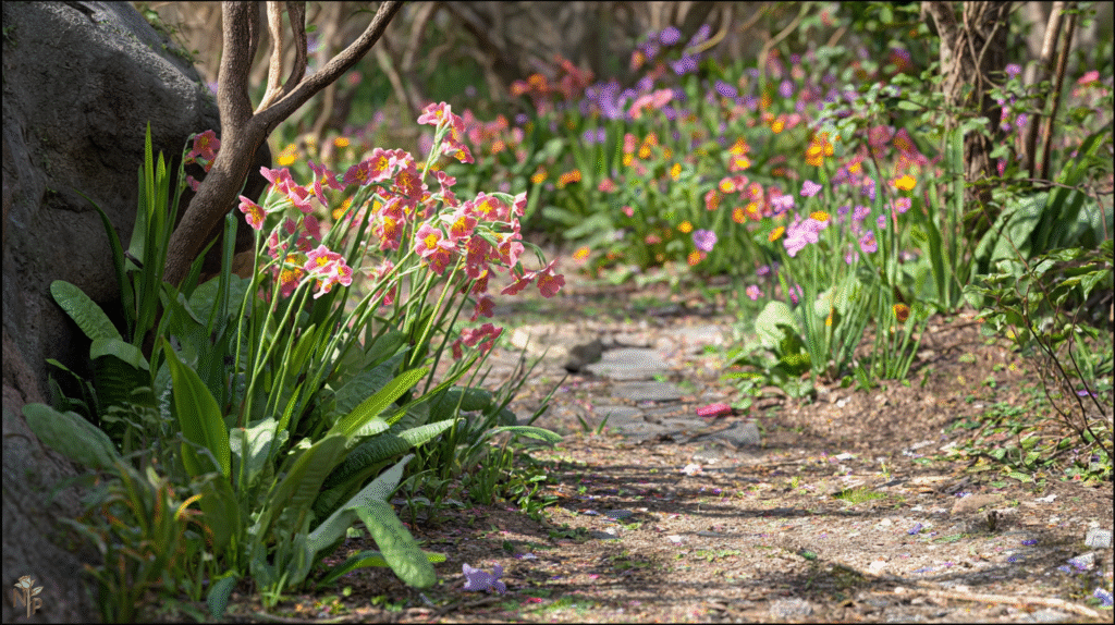 Vibrant English primroses blooming in a shaded spring garden bed.