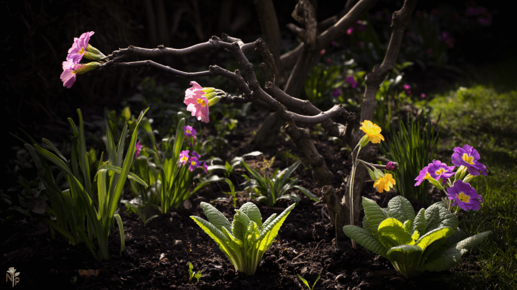 Primroses enjoying dappled morning sunlight beneath a dogwood tree.