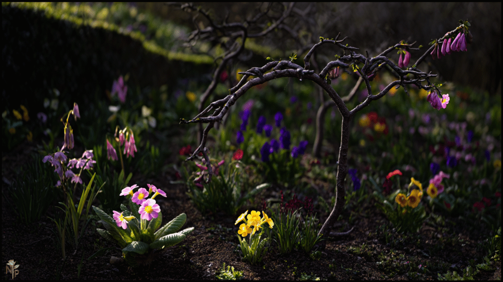 Different varieties of primroses growing in a mulched garden bed