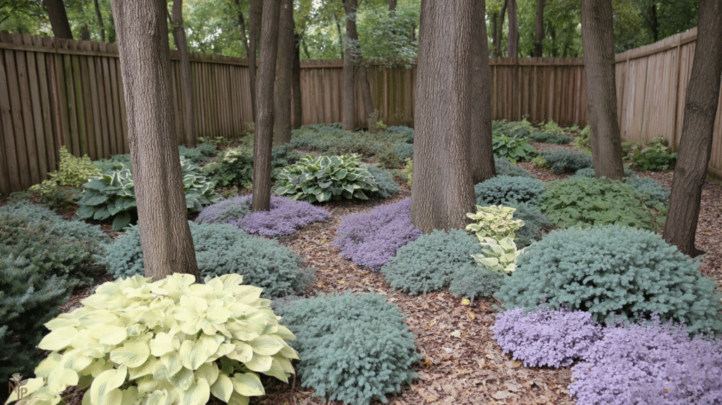 Shaded backyard garden with various hosta varieties including giant chartreuse, medium white-edged, and small blue hostas, showing lush foliage and natural textures.
