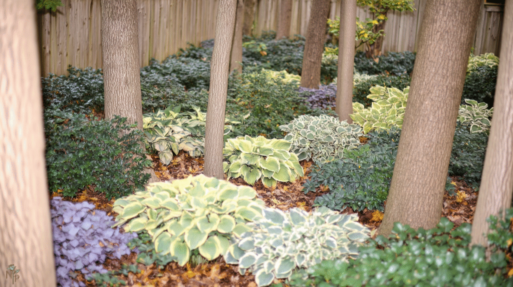 Shaded backyard garden with various hosta varieties including giant chartreuse, medium white-edged, and small blue hostas, showing lush foliage and natural textures.

