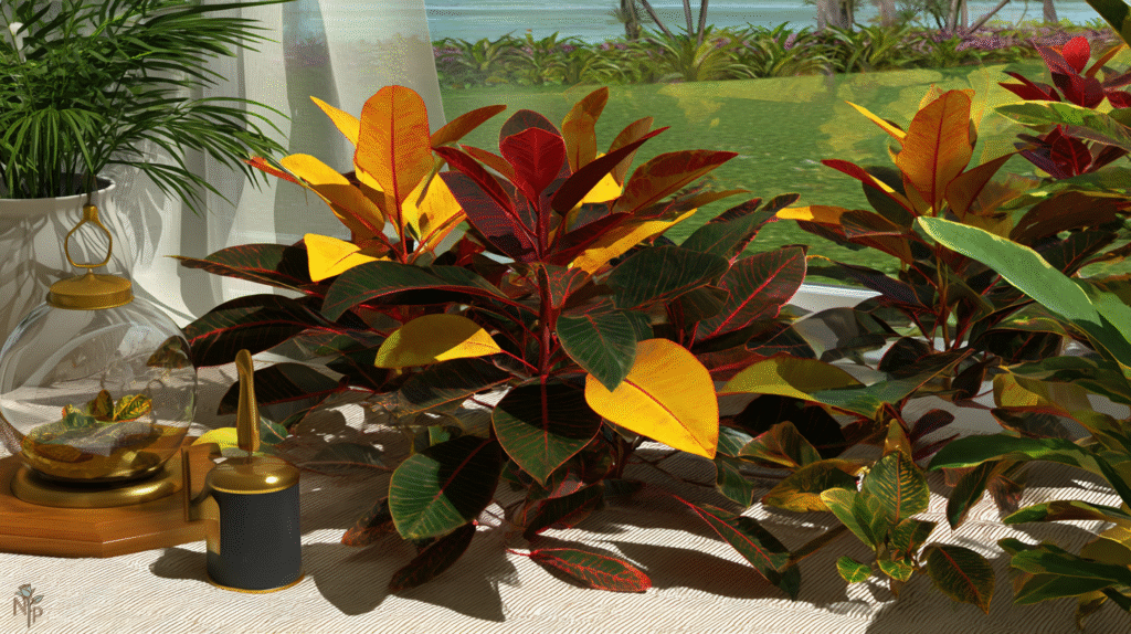 Thriving indoor croton plant with multicolored leaves in a bright living room corner