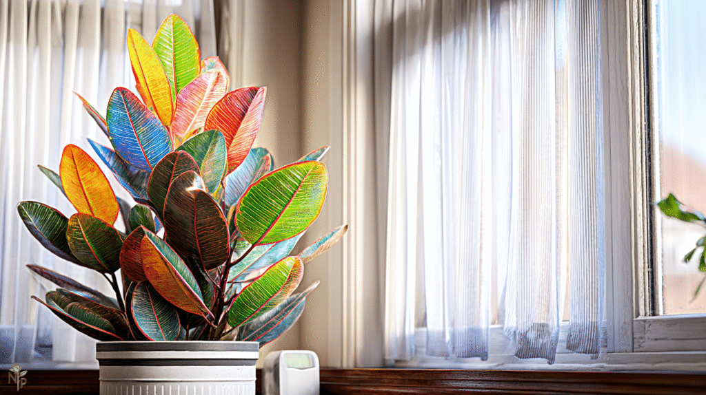 Thriving indoor croton plant with multicolored leaves in a bright living room corner
