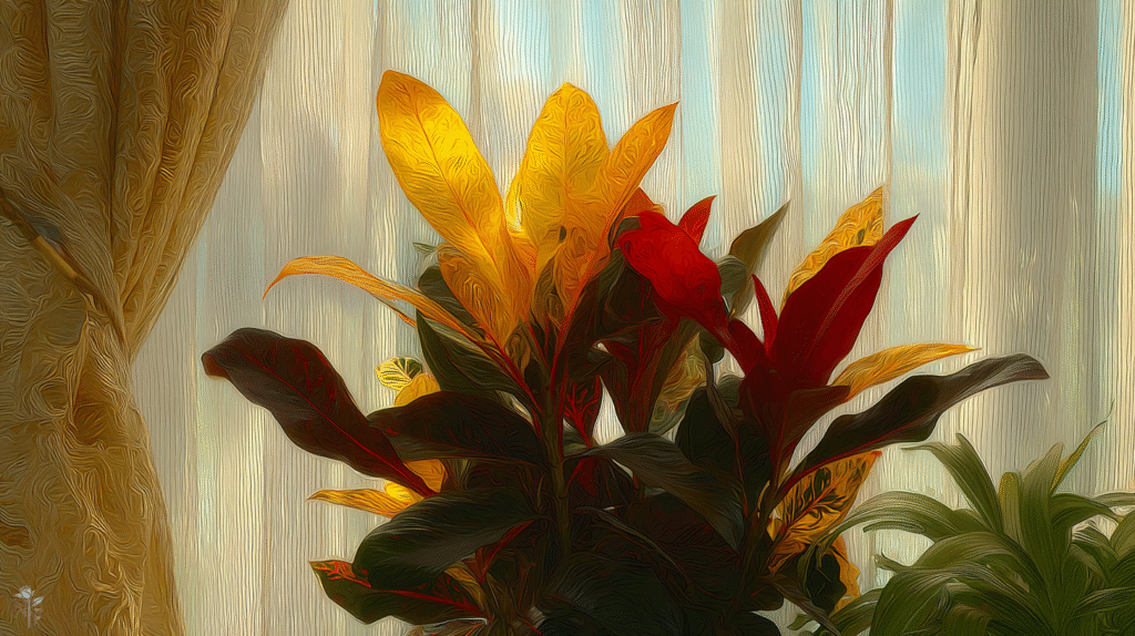 Thriving indoor croton plant with multicolored leaves in a bright living room corner