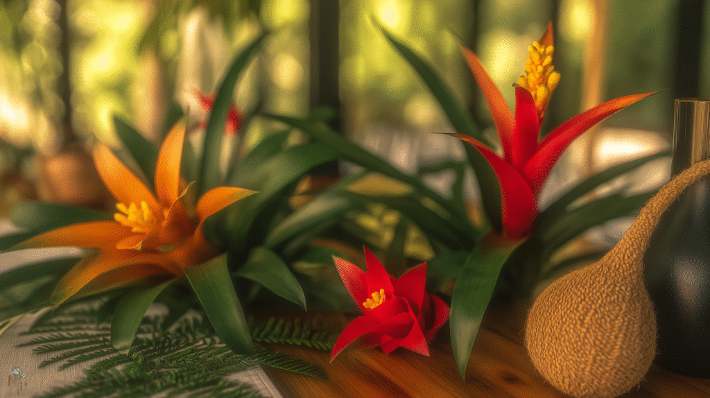 Colorful bromeliad plant in decorative ceramic pot
